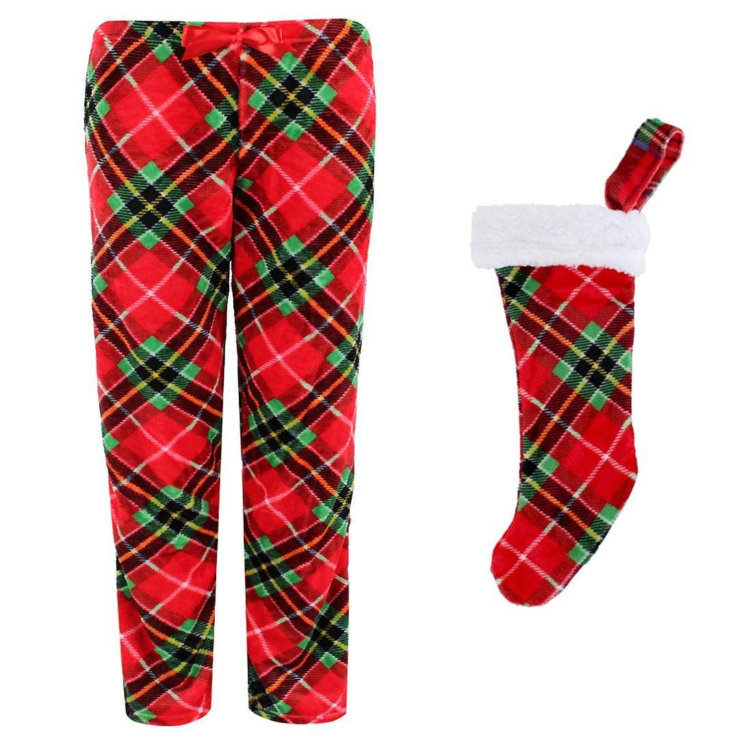 Weekending Juniors Girls Plaid Holiday Plush Pant with Stocking Set - Red
