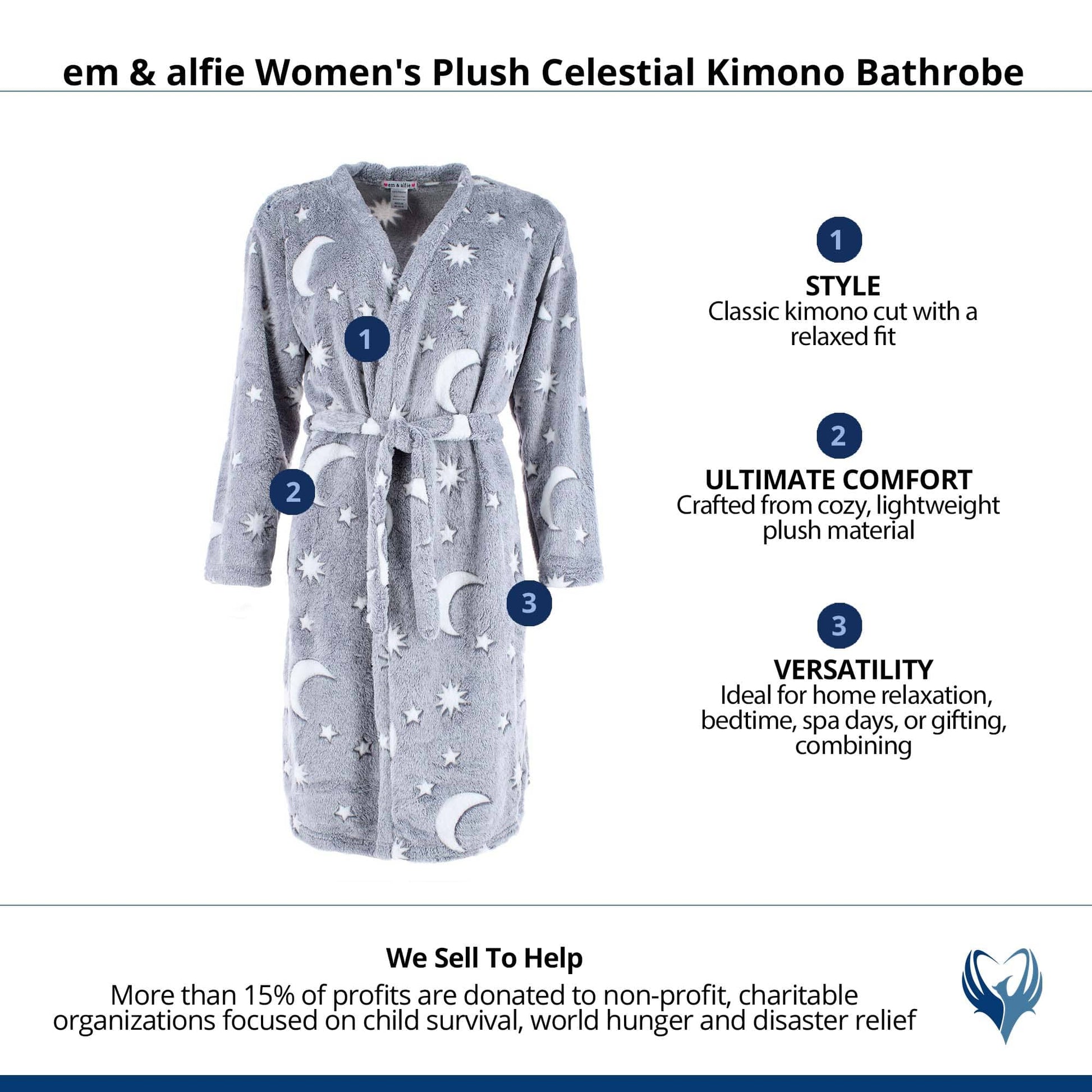 em & alfie Women's Plush Celestial Kimono Bathrobe - Gray