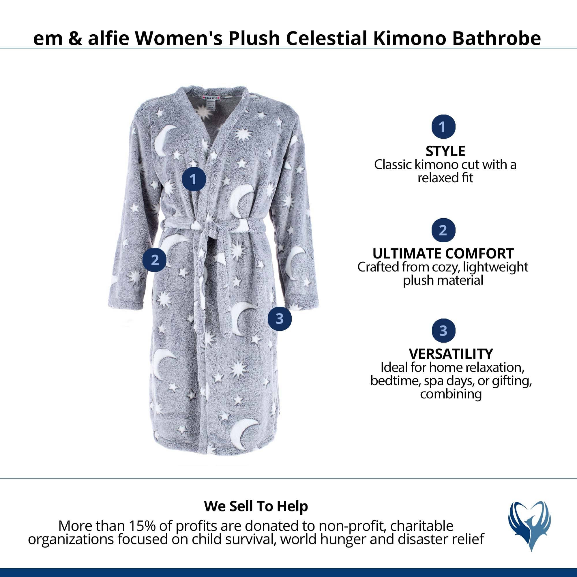 em & alfie Women's Plush Celestial Kimono Bathrobe - Gray