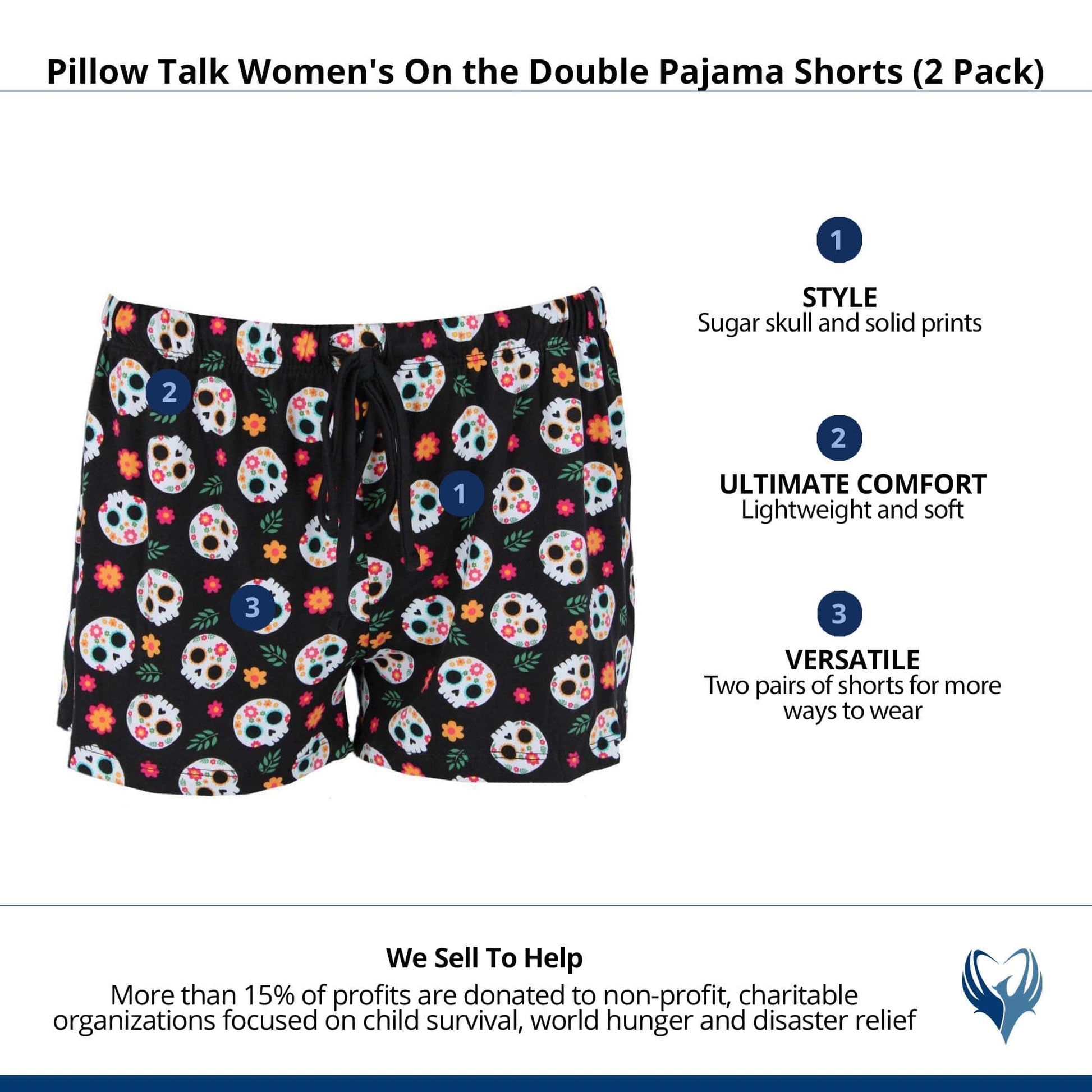 Pillow Talk Women's Day of the Dead Skull Pajama Shorts (2 Pack) - Black