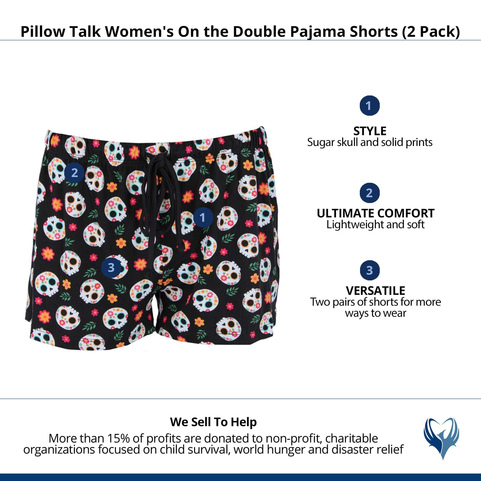 Pillow Talk Women's Day of the Dead Skull Pajama Shorts (2 Pack) - Black