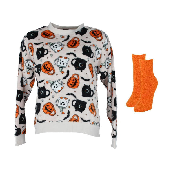 Women's Plush Halloween Mug Crewneck with Socks Set