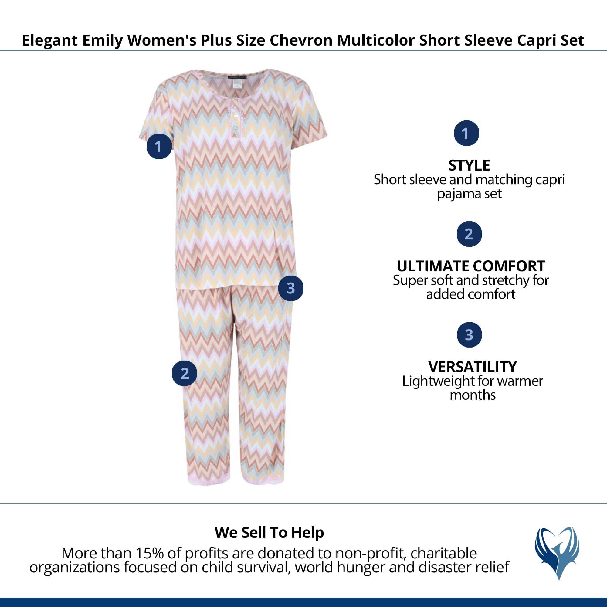 Elegant Emily Women's Plus Size Chevron Multicolor Short Sleeve Capri Set - Multi