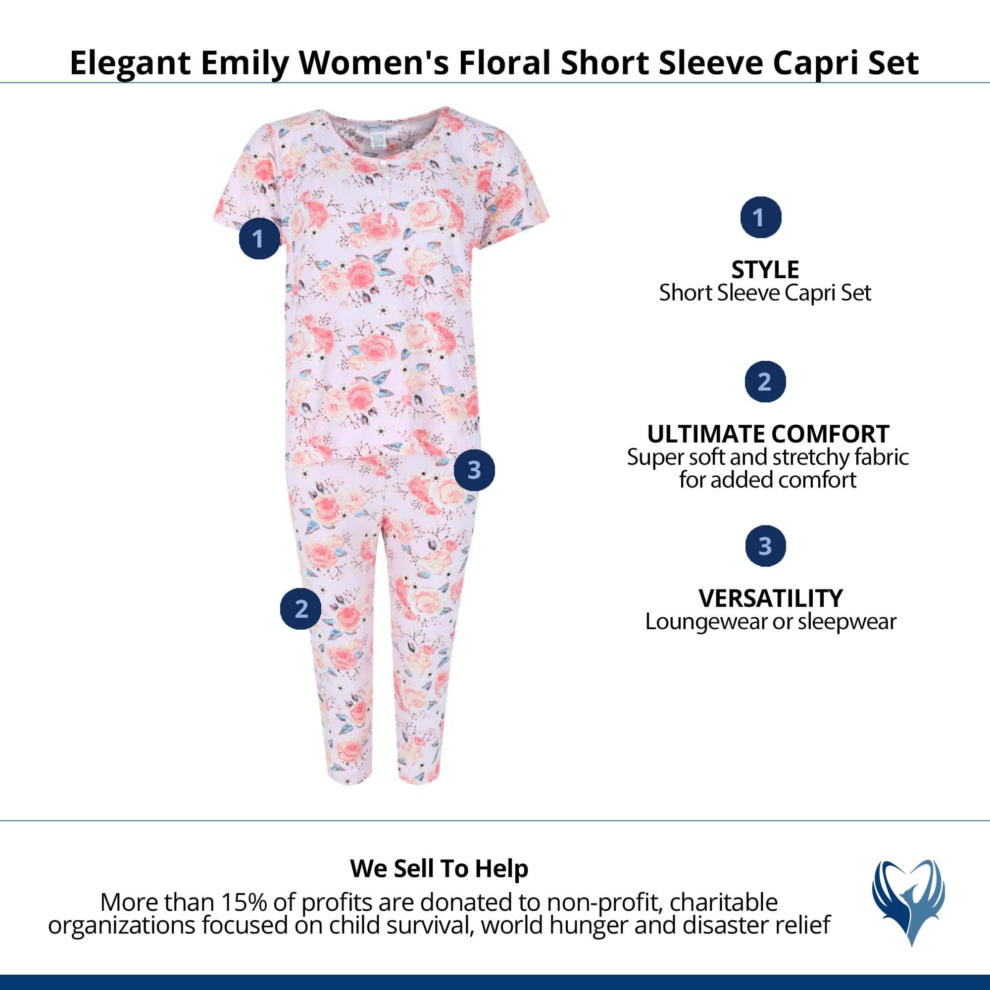 Elegant Emily Women's Floral Short Sleeve Capri Set - Pink