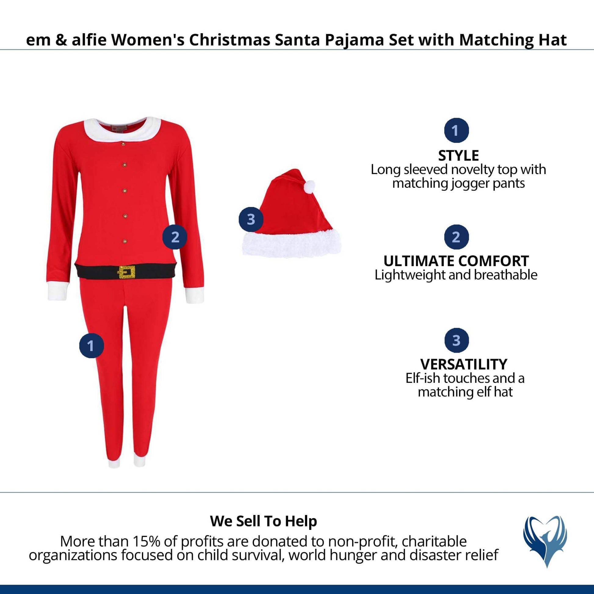 em & alfie Women's Christmas Santa Pajama Set with Matching Hat - Red