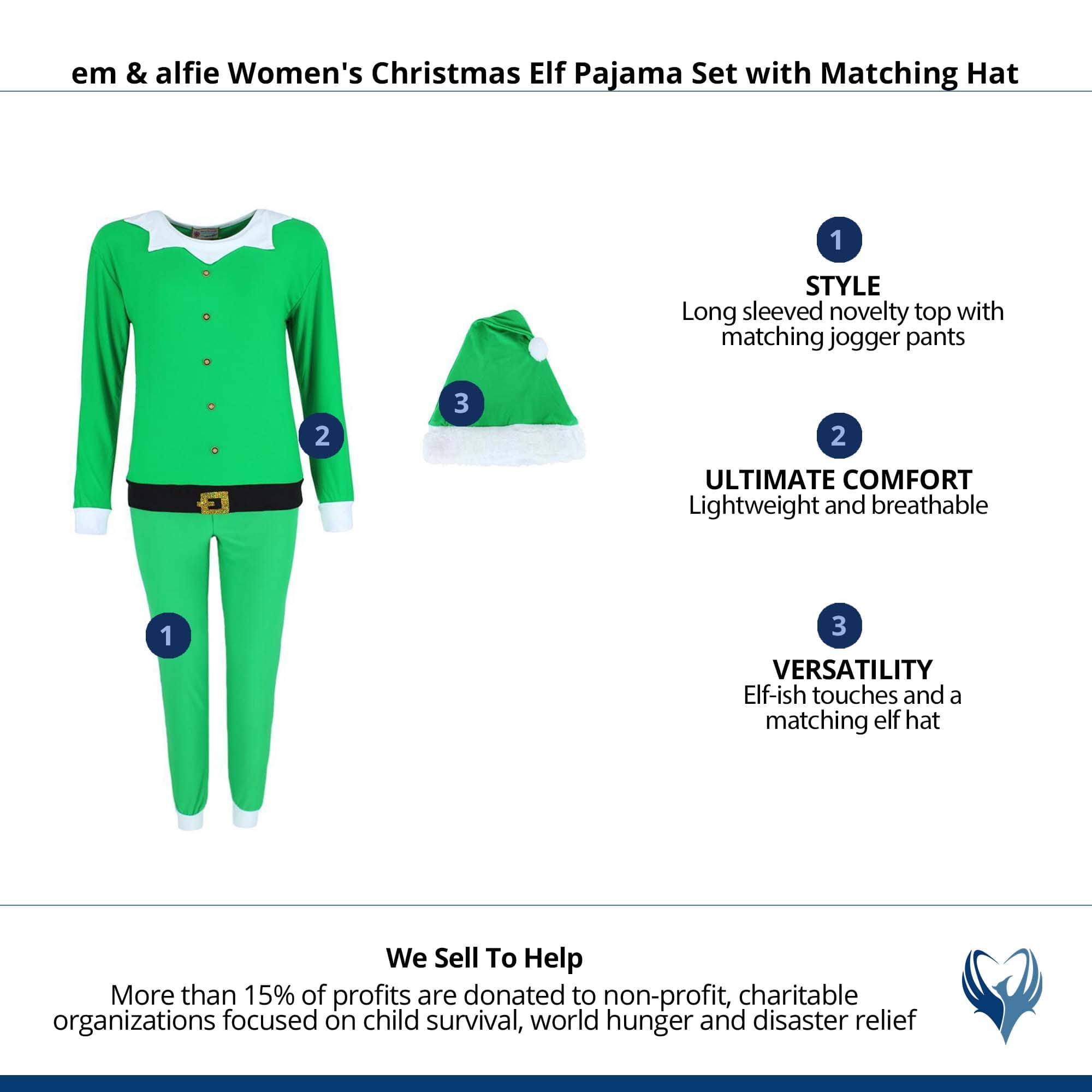 em & alfie Women's Christmas Elf Pajama Set with Matching Hat - Green