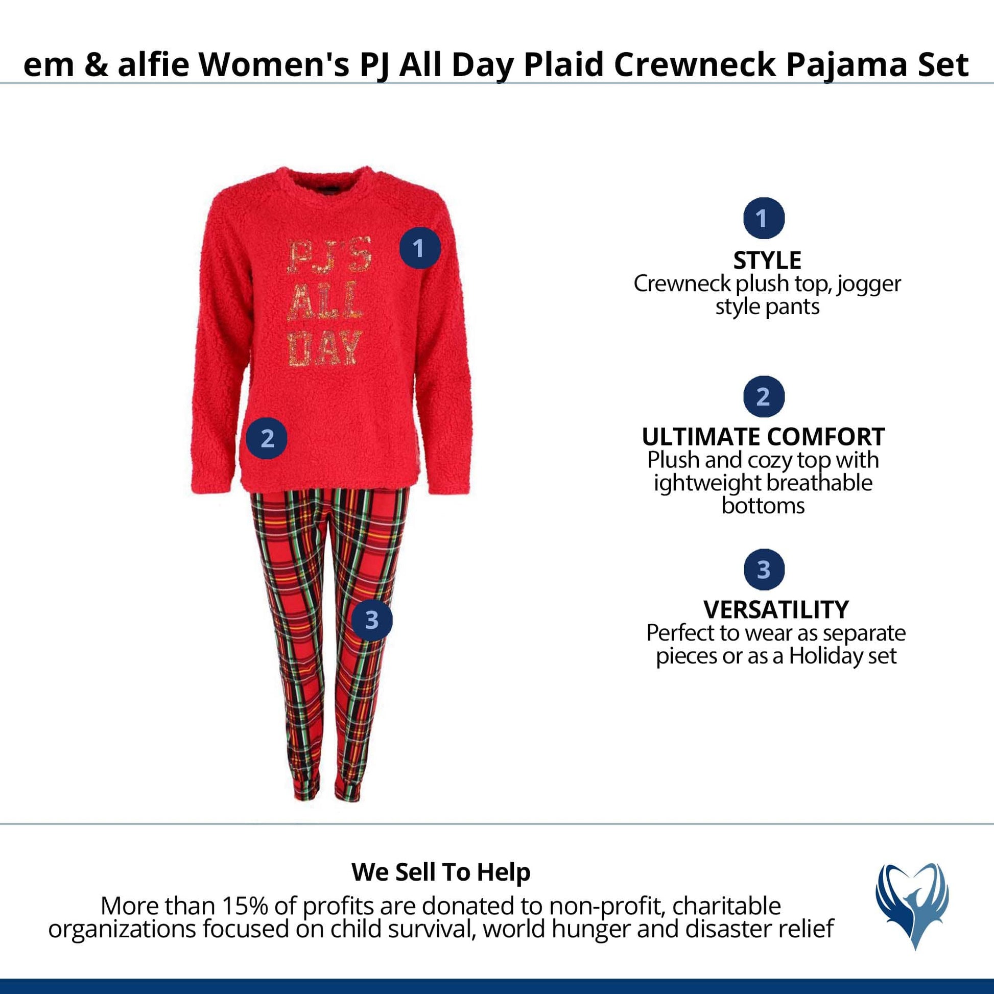 em & alfie Women's PJ All Day Plaid Crewneck Pajama Set - Red