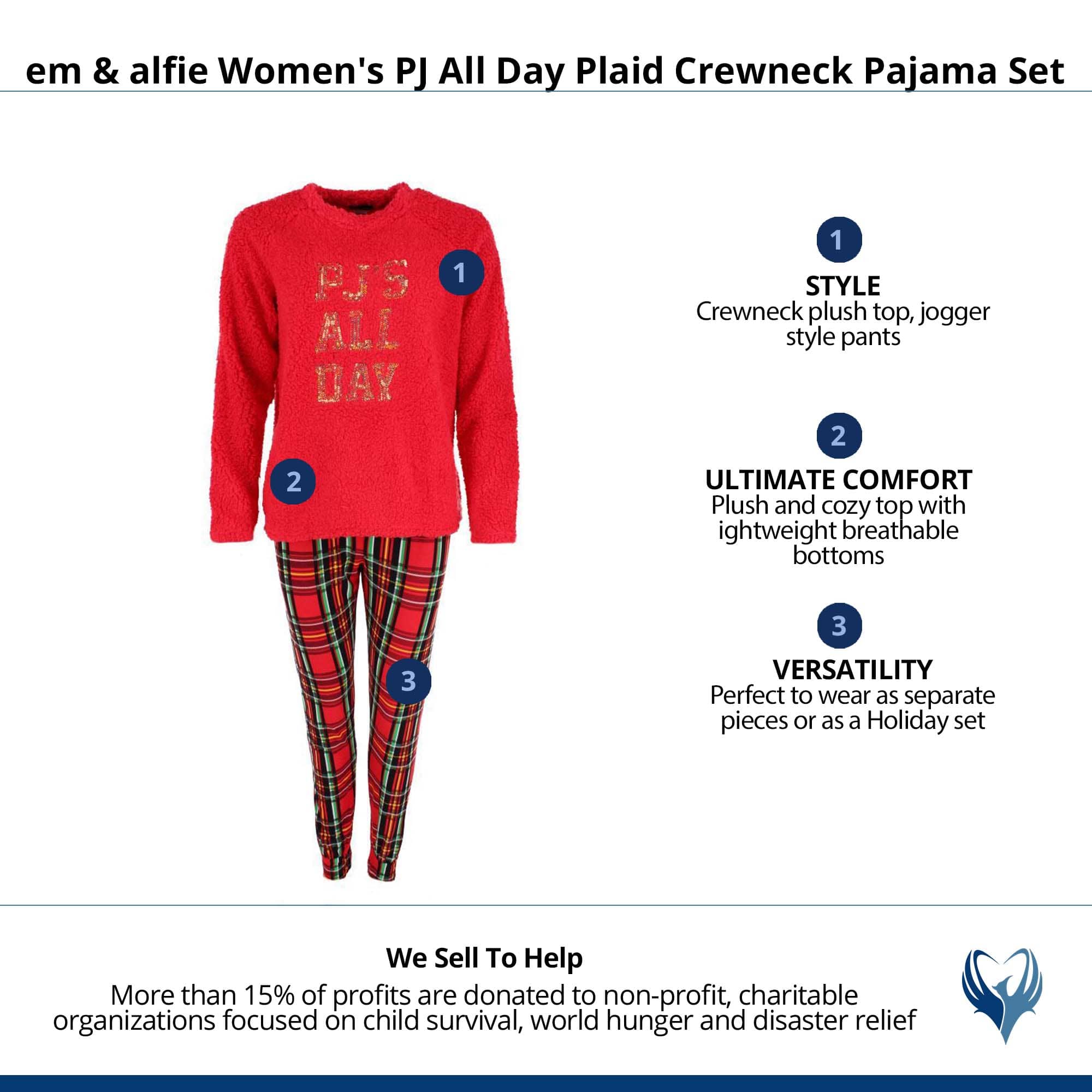 em & alfie Women's PJ All Day Plaid Crewneck Pajama Set - Red