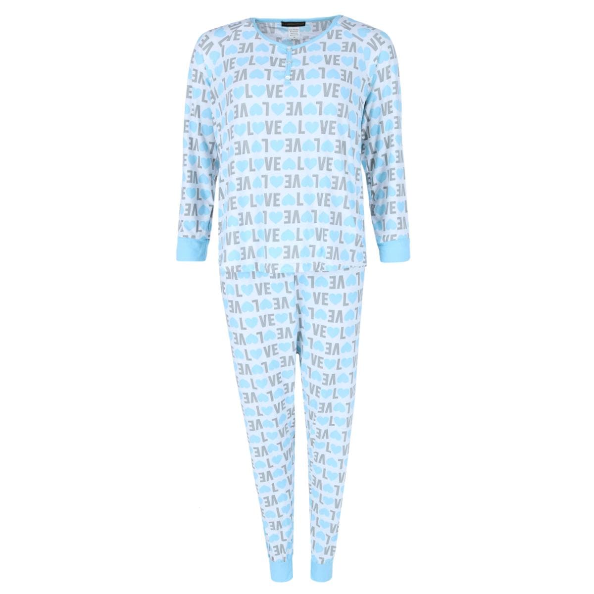 Not a Morning Person Women's Plus Size Love Hearts Long Sleeve Henley Pajama Set - Blue