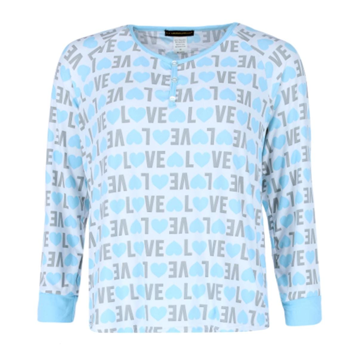 Not a Morning Person Women's Plus Size Love Hearts Long Sleeve Henley Pajama Set - Blue