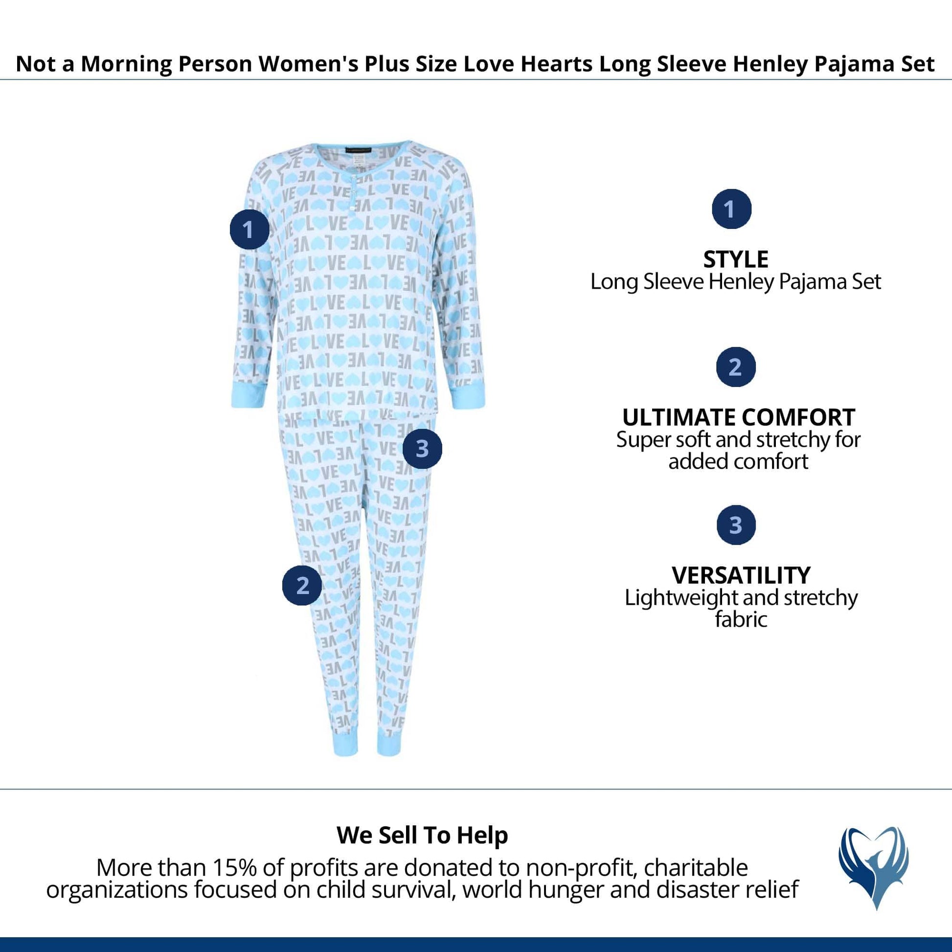 Not a Morning Person Women's Plus Size Love Hearts Long Sleeve Henley Pajama Set - Blue