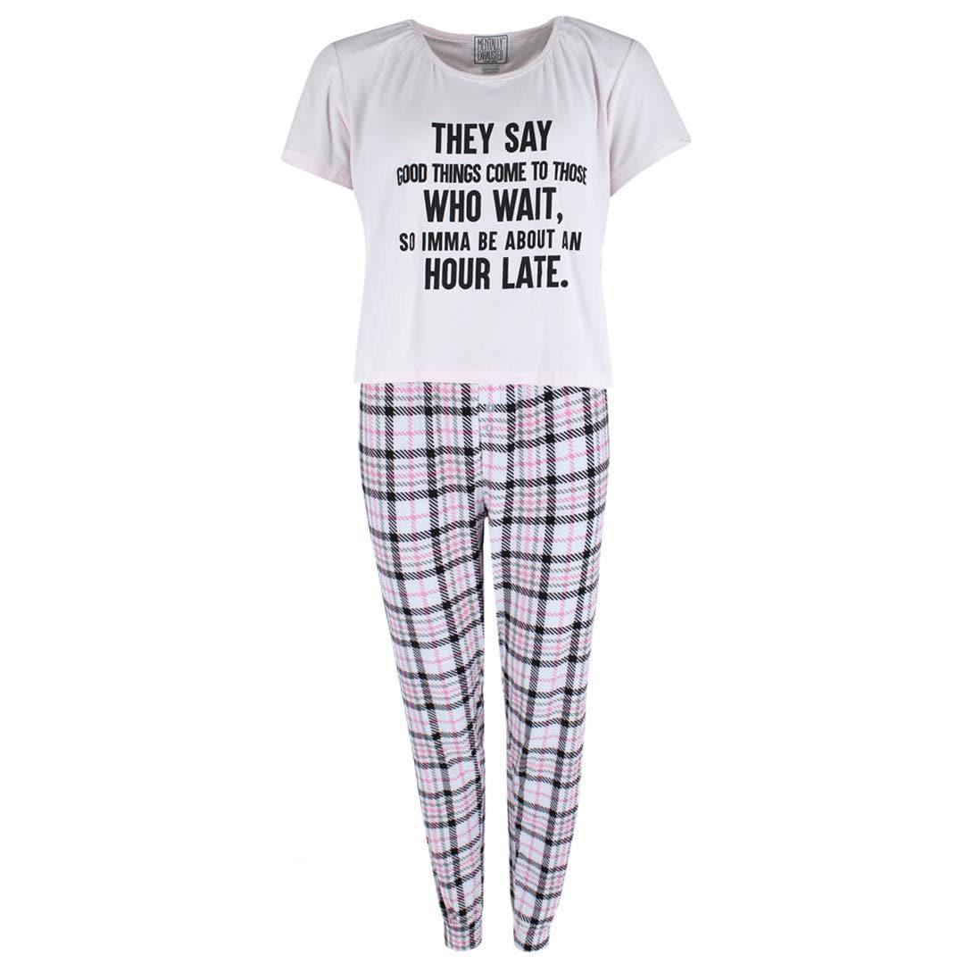 Mentally Exhausted Women's Hour Late Plus Size Pajama Jogger Set - Pink