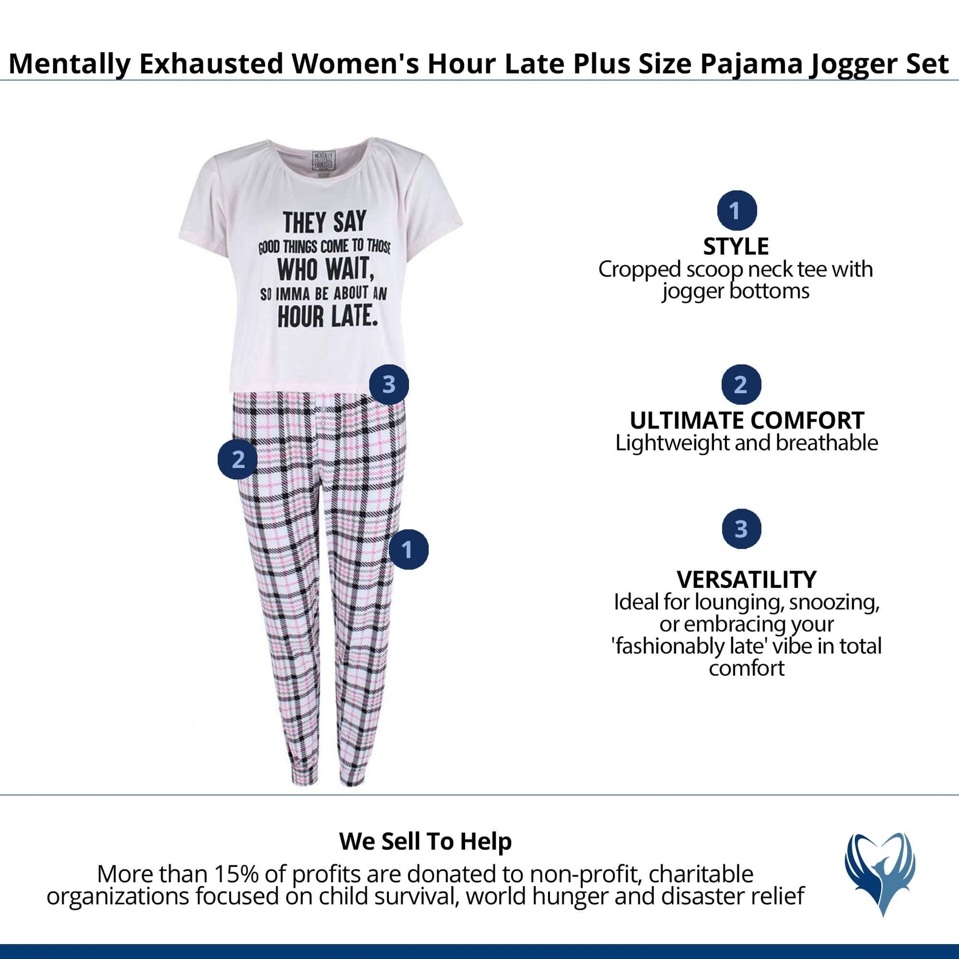 Mentally Exhausted Women's Hour Late Plus Size Pajama Jogger Set - Pink