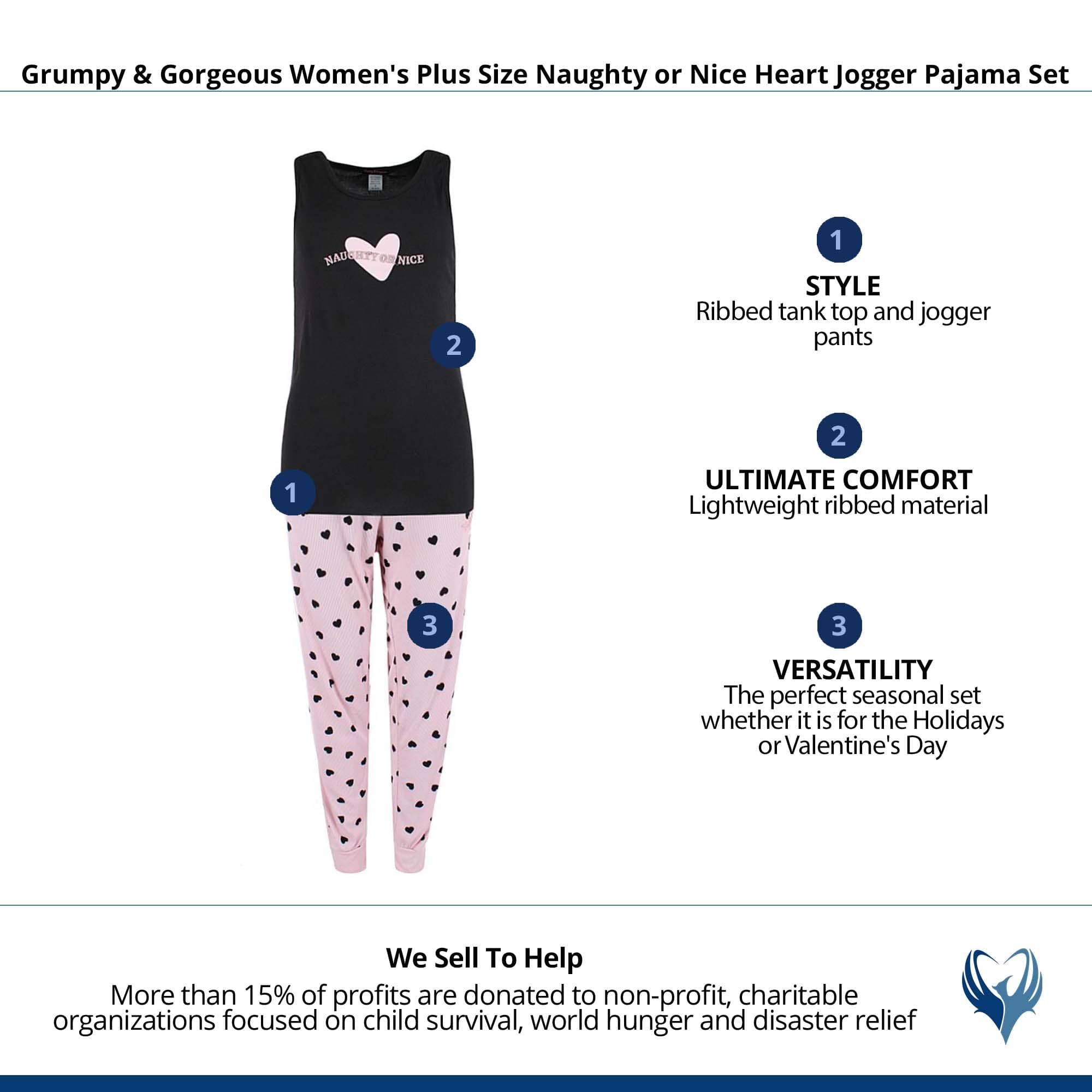 Grumpy & Gorgeous Women's Plus Size Naughty or Nice Heart Jogger Pajama Set - Pink