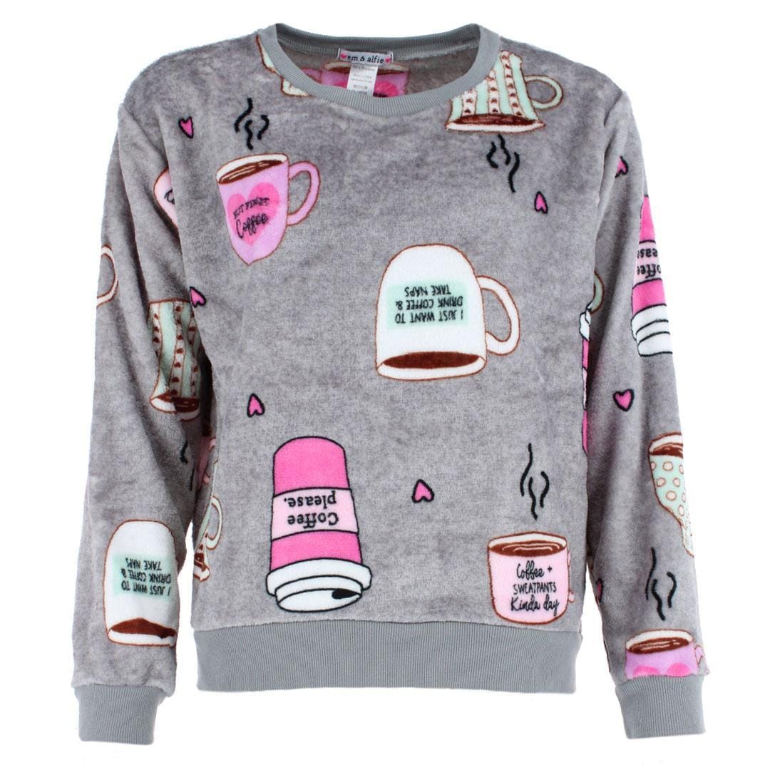em & alfie Women's Plush Coffee Pajama Crew Set - Gray