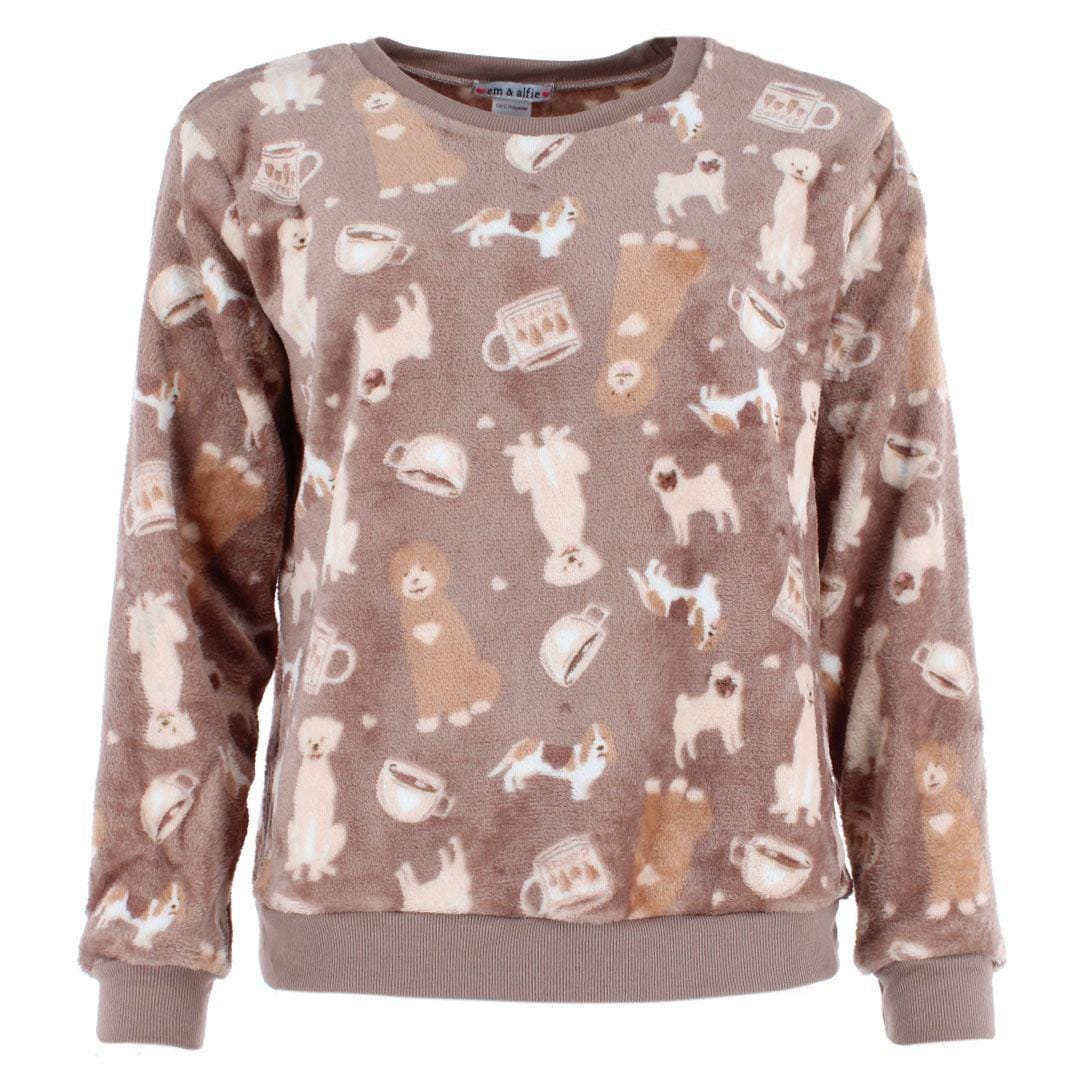 em & alfie Women's Dog Lover Plush Crewneck Pajama Set - Brown