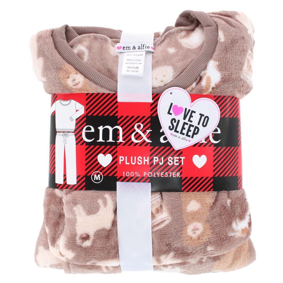 em & alfie Women's Dog Lover Plush Crewneck Pajama Set - Brown