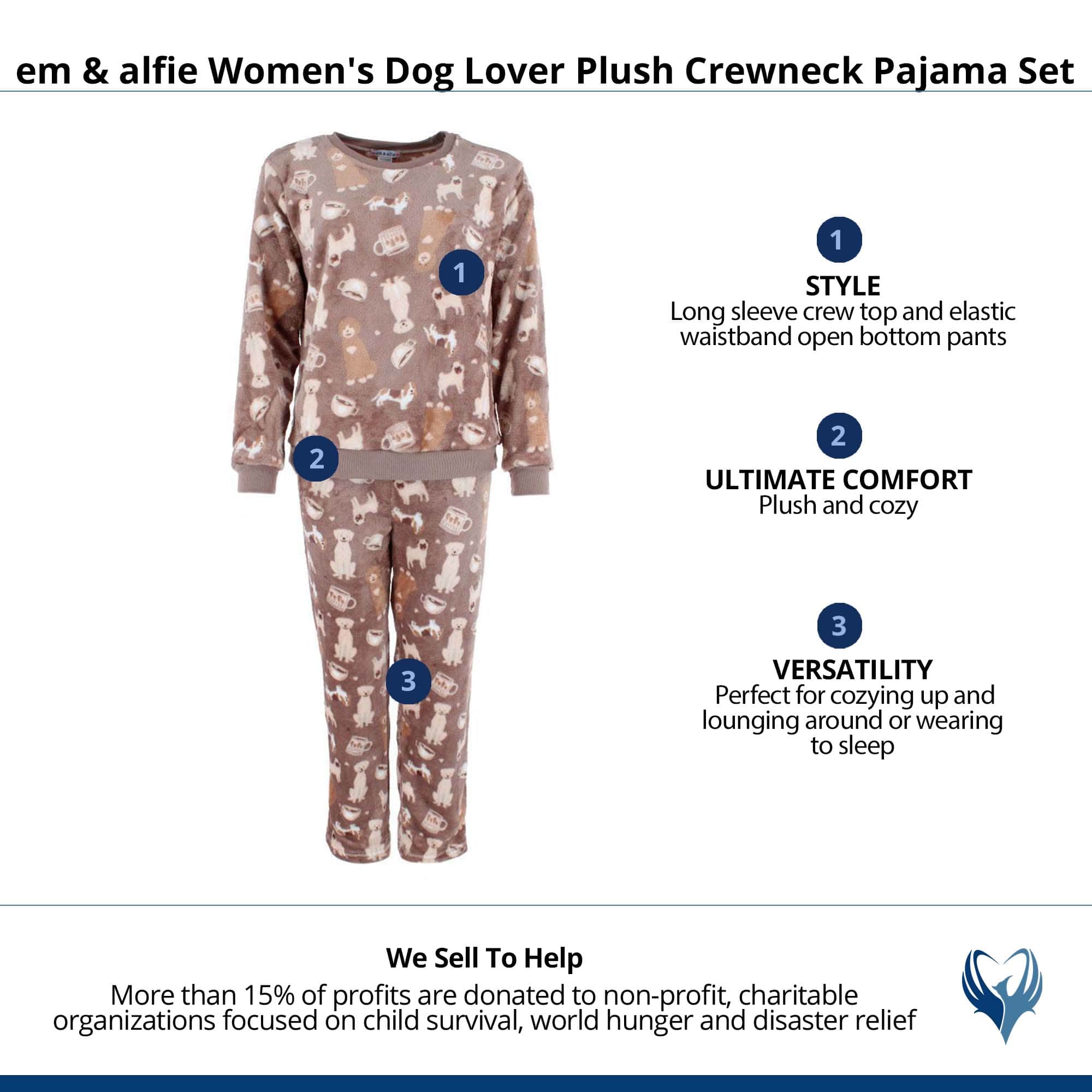 em & alfie Women's Dog Lover Plush Crewneck Pajama Set - Brown