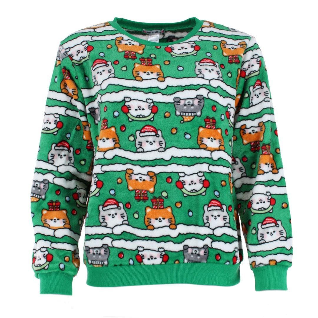 em & alfie Women's Christmas Kitty Plush Folded Gift Pajama Set - Green