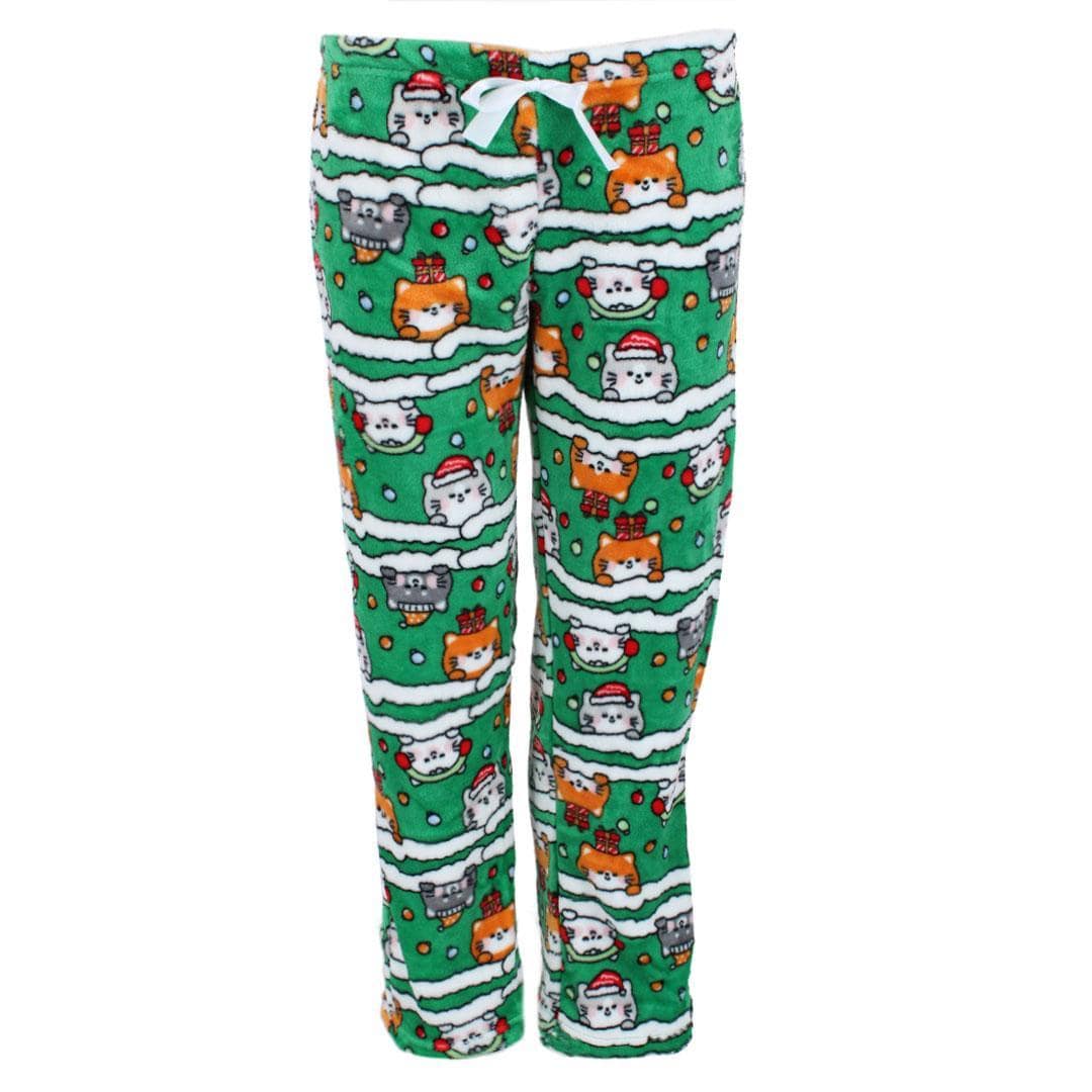 em & alfie Women's Christmas Kitty Plush Folded Gift Pajama Set - Green