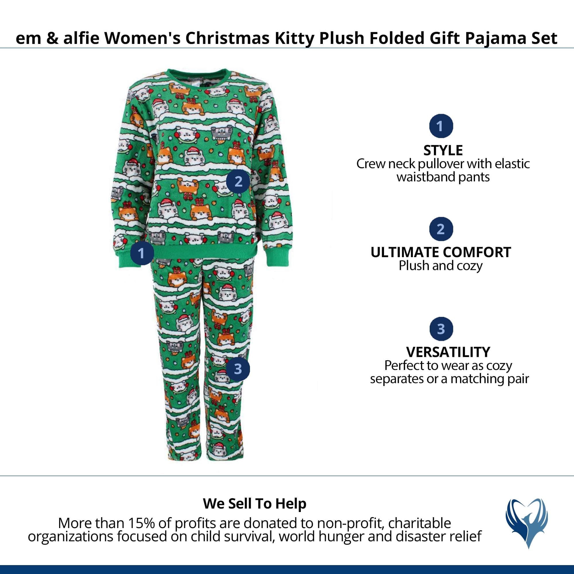 em & alfie Women's Christmas Kitty Plush Folded Gift Pajama Set - Green