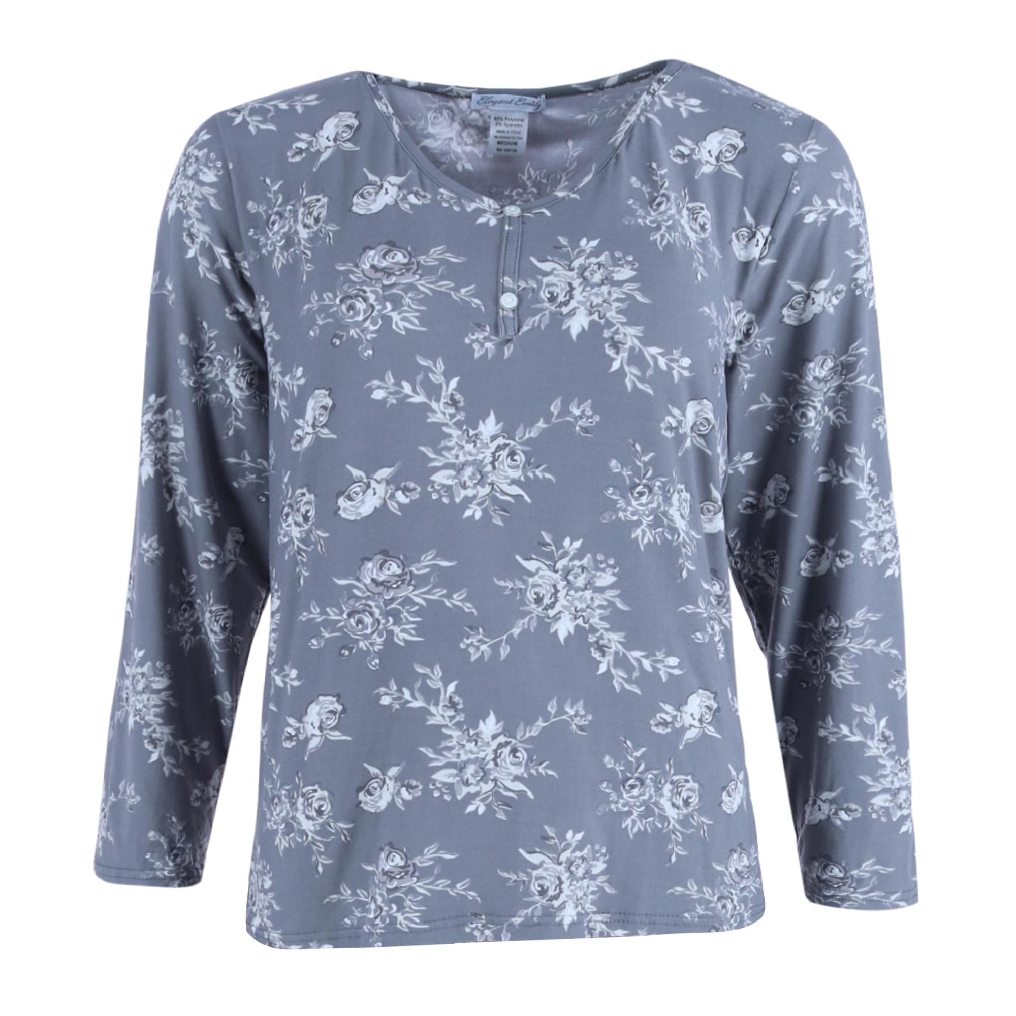 Elegant Emily Women's Henley & Pant Grey Floral Set - Grey