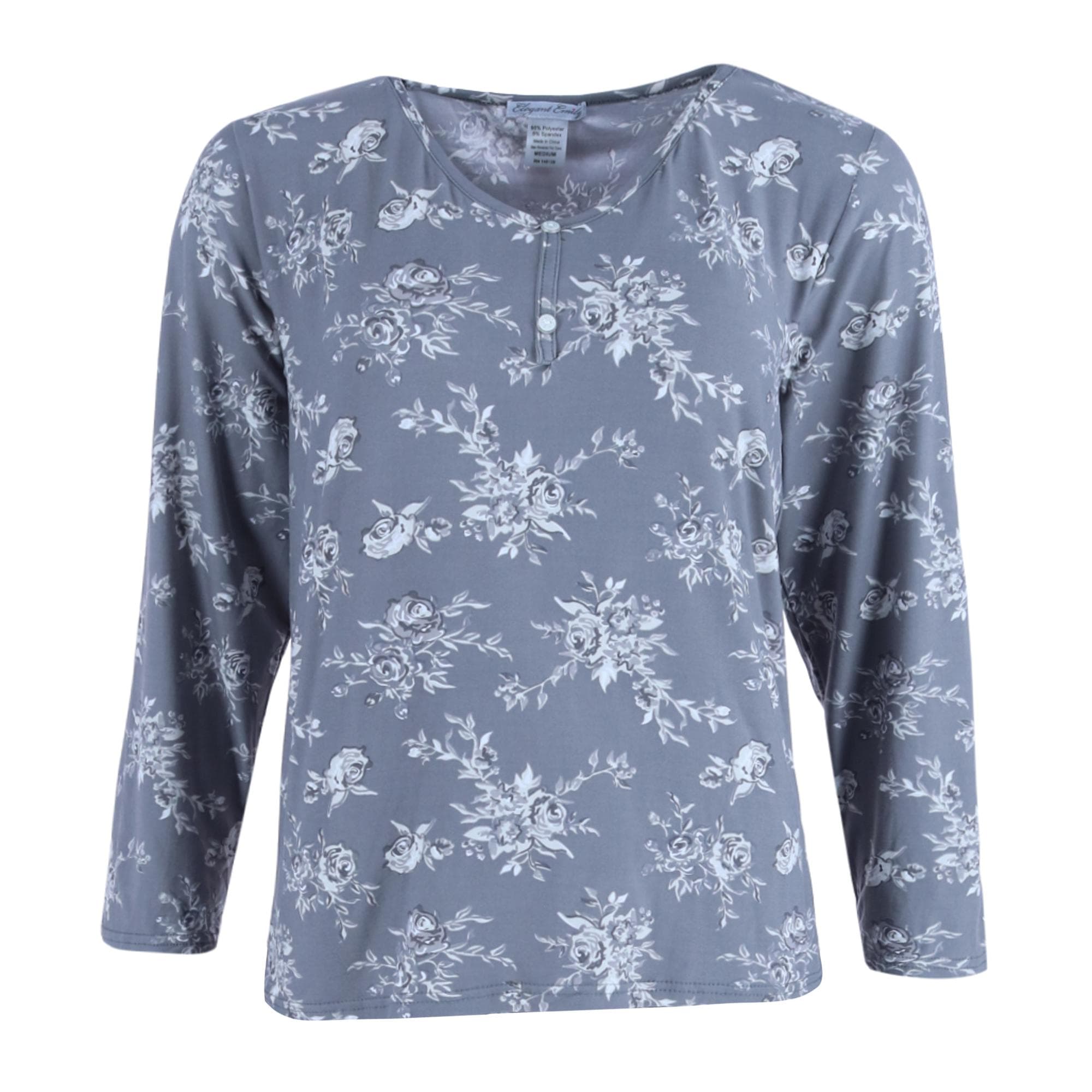 Elegant Emily Women's Plus Henley & Pant Grey Floral Set - Grey