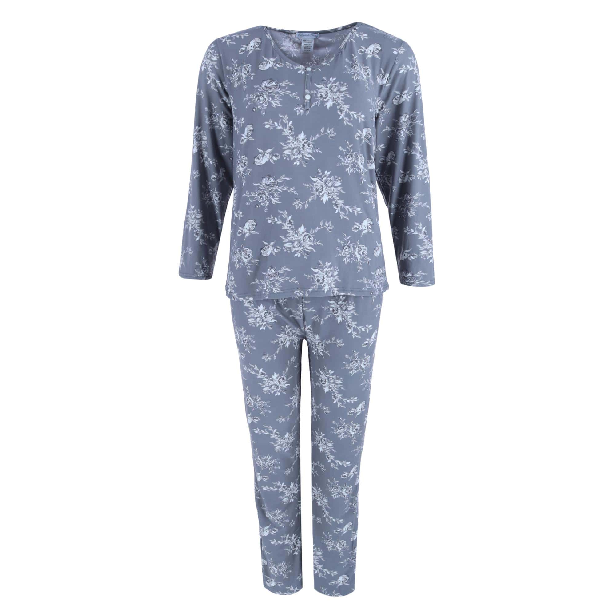 Elegant Emily Women's Plus Henley & Pant Grey Floral Set - Women's Plus Henley & Pant Grey Floral Set