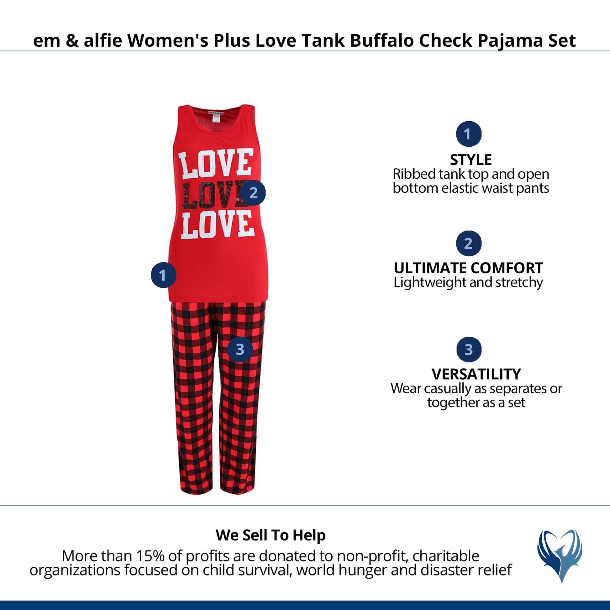 em & alfie Women's Plus Love Tank Buffalo Check Pajama Set - Red