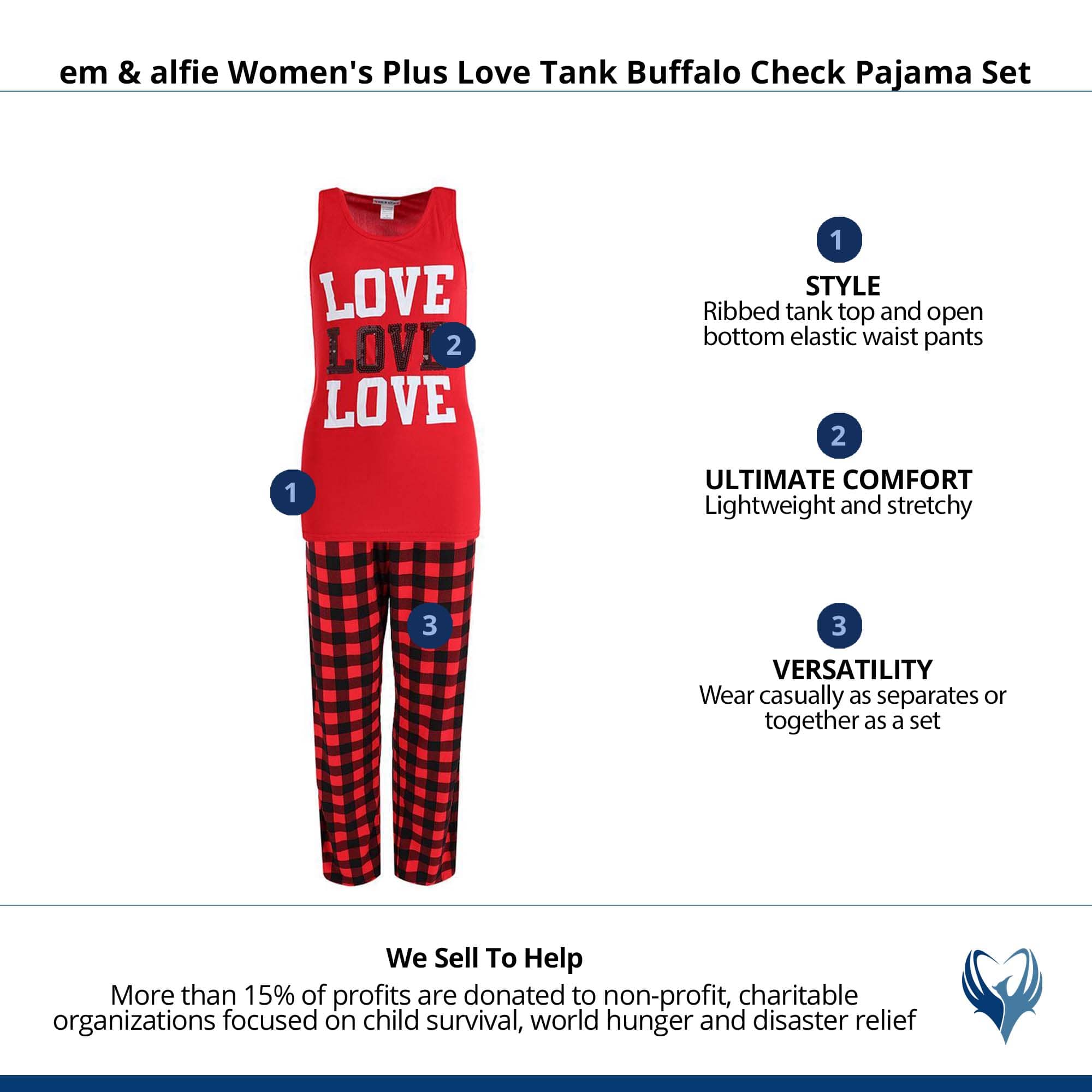 em & alfie Women's Plus Love Tank Buffalo Check Pajama Set - Red