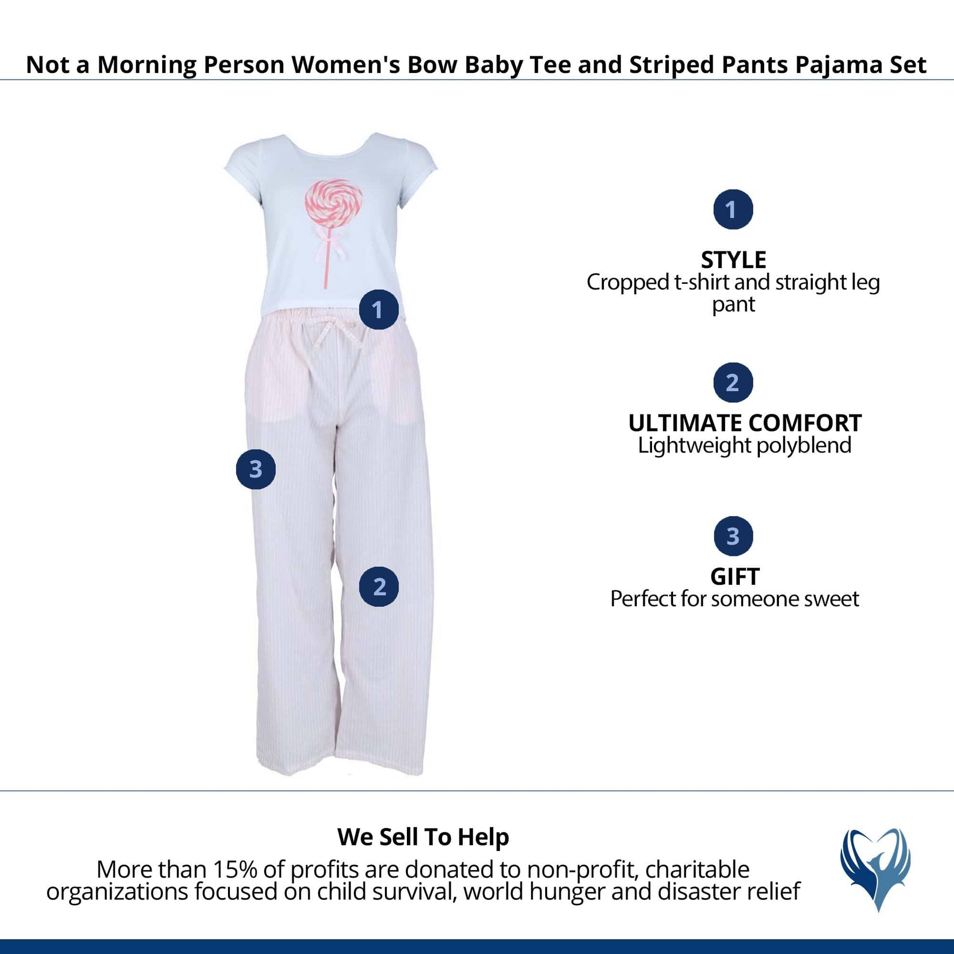Not a Morning Person Women's Bow Baby Tee and Striped Pants Pajama Set - Pink Lolli