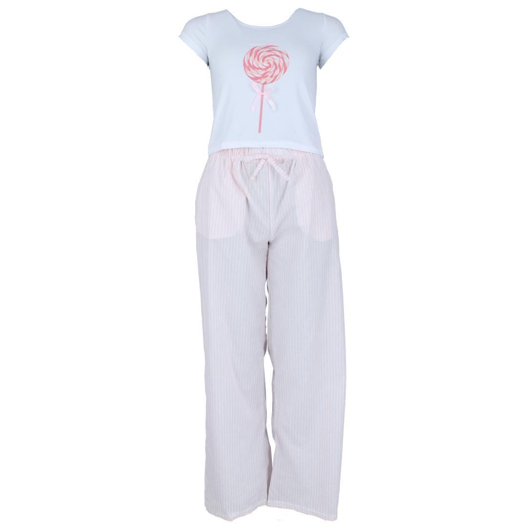 Not a Morning Person Women's Bow Baby Tee and Striped Pants Pajama Set - Women's Bow Baby Tee and Striped Pants Pajama Set
