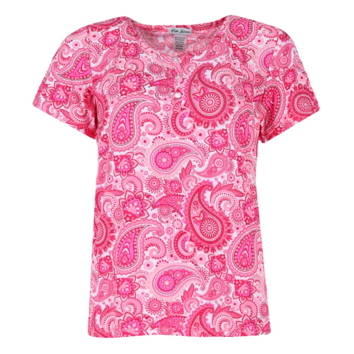 Miss Lillian Women's Paisley Henley Short Sleeve and Shorts Set - Pink