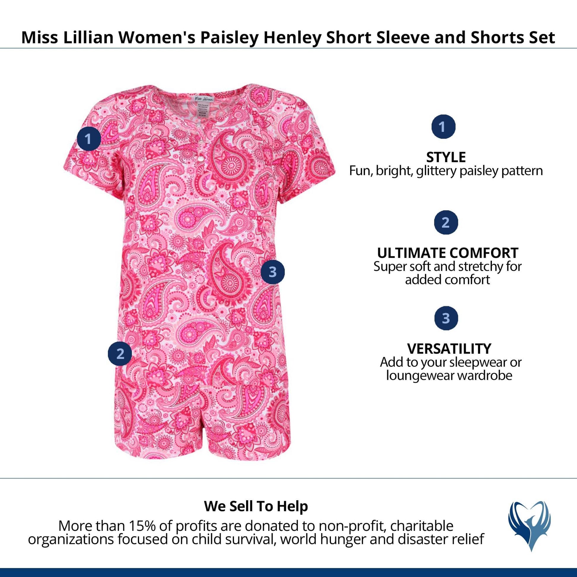 Miss Lillian Women's Paisley Henley Short Sleeve and Shorts Set - Pink