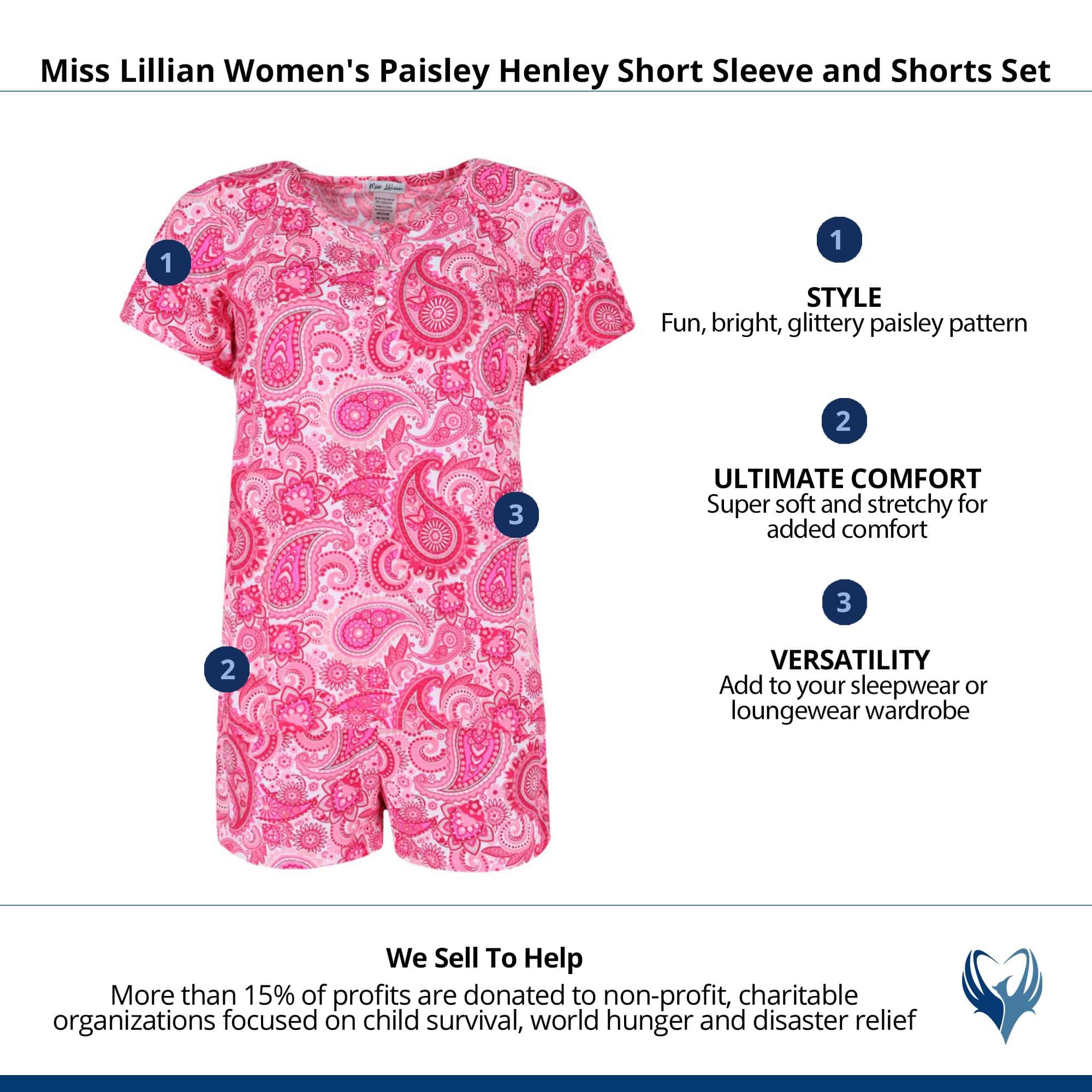 Miss Lillian Women's Paisley Henley Short Sleeve and Shorts Set - Pink