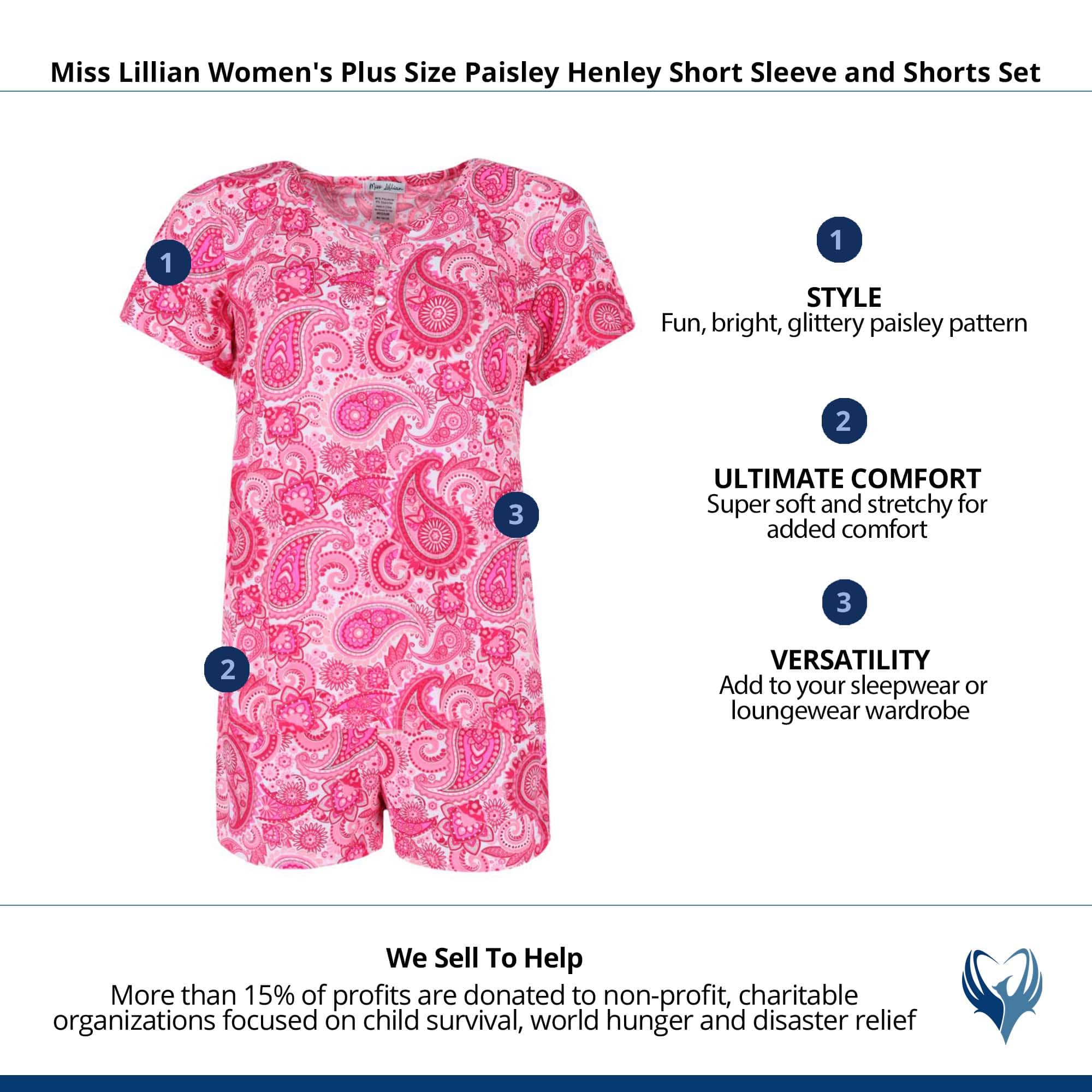 Miss Lillian Women's Plus Size Paisley Henley Short Sleeve and Shorts Set - Pink