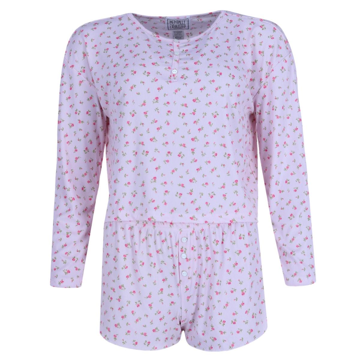 Mentally Exhausted Women's Floral Henley Long Sleeve and Shorts Set - Light Pink