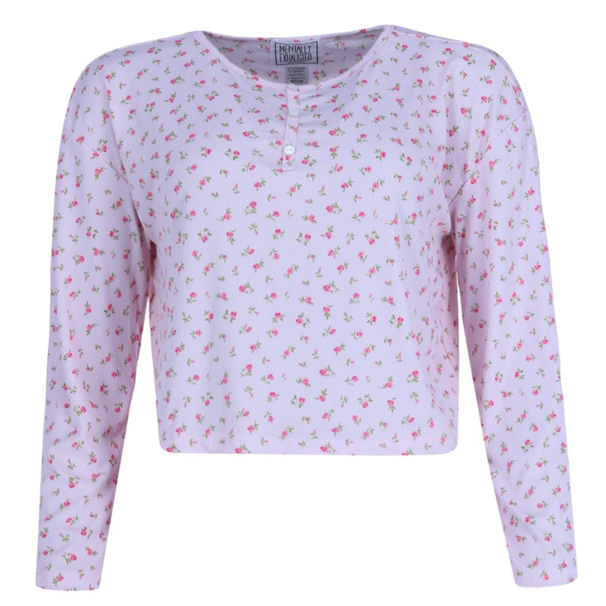 Mentally Exhausted Women's Floral Henley Long Sleeve and Shorts Set - Light Pink