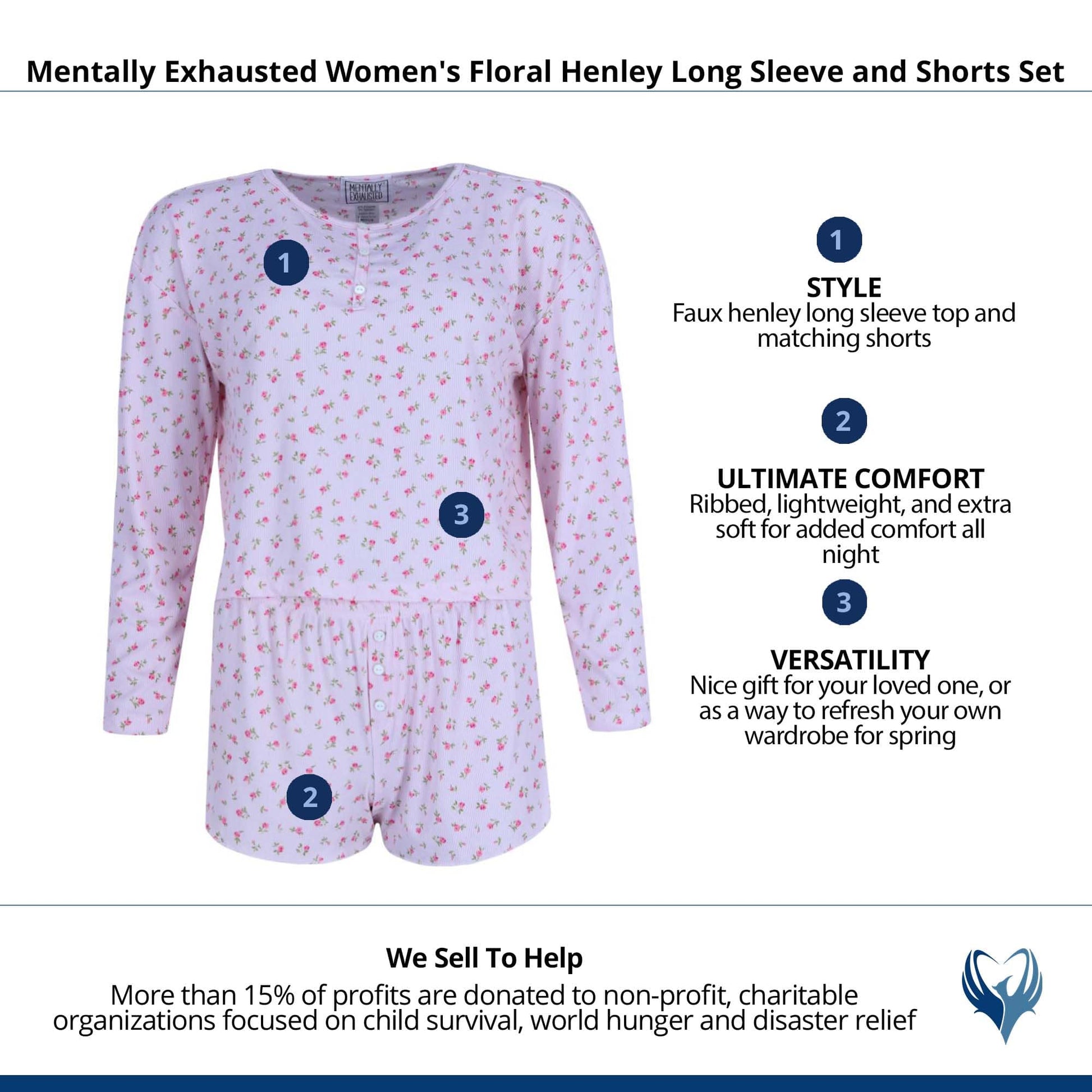Mentally Exhausted Women's Floral Henley Long Sleeve and Shorts Set - Light Pink