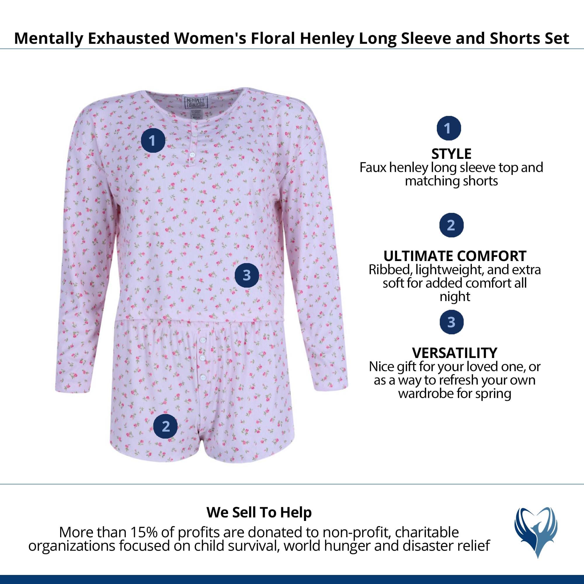 Mentally Exhausted Women's Floral Henley Long Sleeve and Shorts Set - Light Pink
