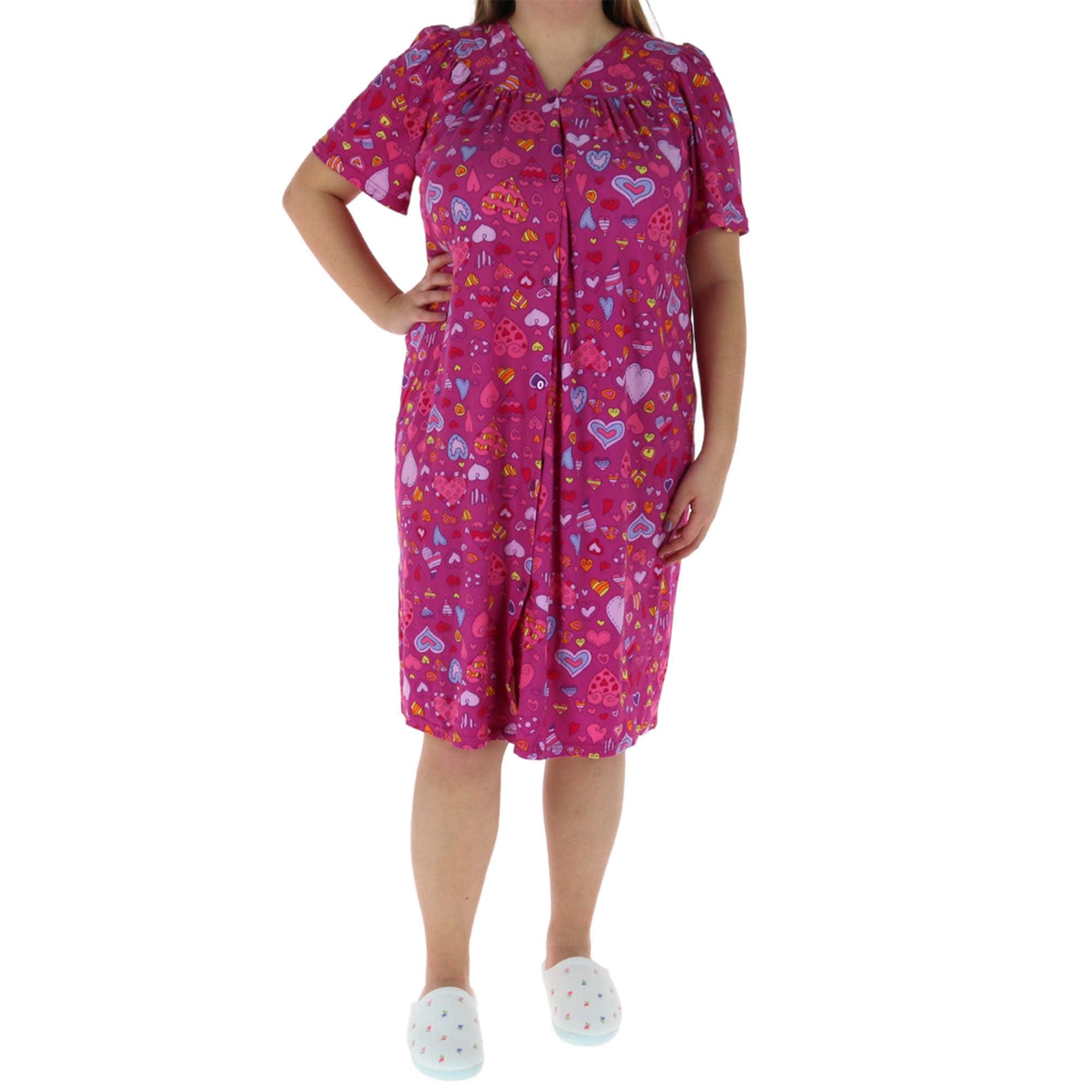 Elegant Emily Women's Pink Hearts Short Sleeve Button Down Duster - Red