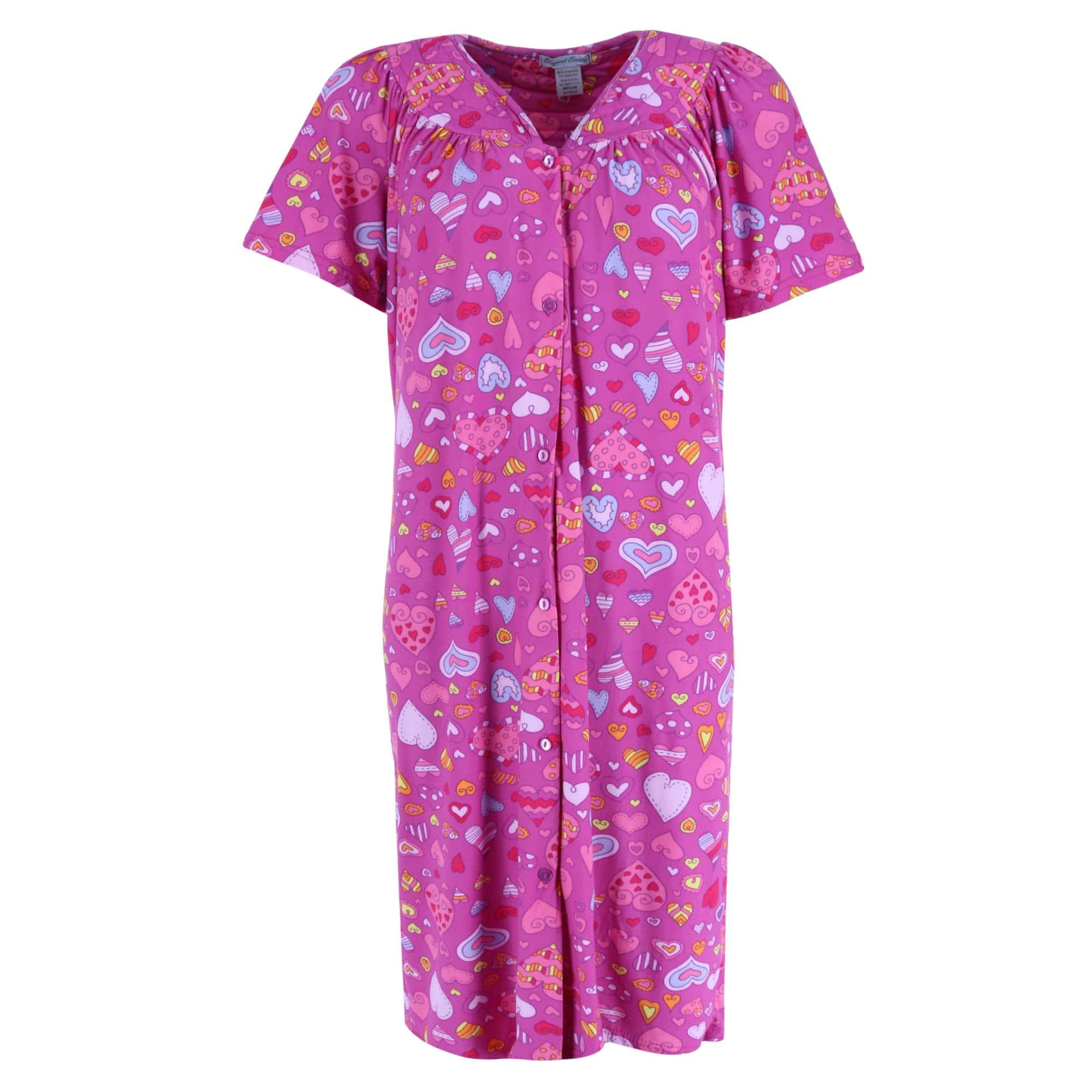 Elegant Emily Women's Pink Hearts Short Sleeve Button Down Duster - Women's Pink Hearts Short Sleeve Button Down Duster
