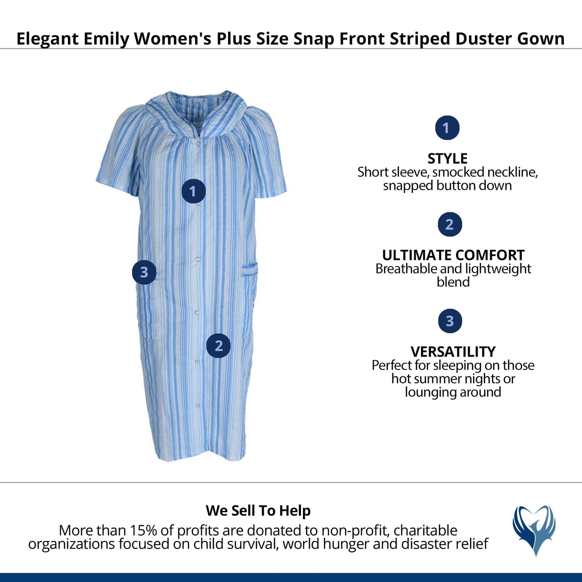 Elegant Emily Women's Plus Size Snap Front Striped Duster Gown - Blue