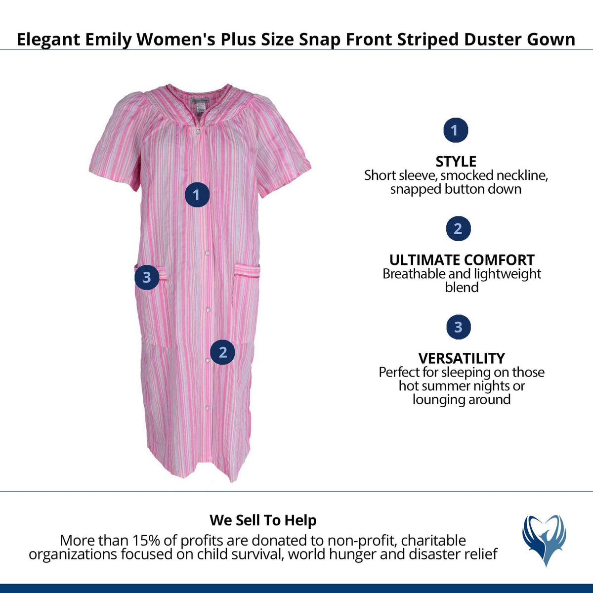 Elegant Emily Women's Plus Size Snap Front Striped Duster Gown - Pink