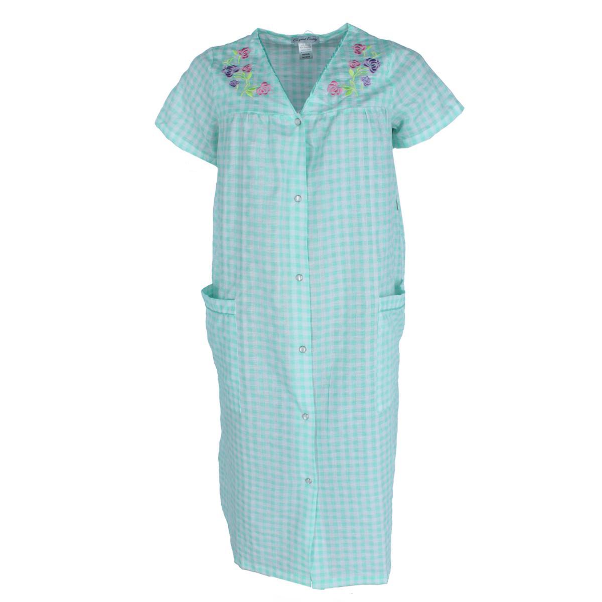Elegant Emily Women's Gingham Button Down Duster with Floral Detailing - Green