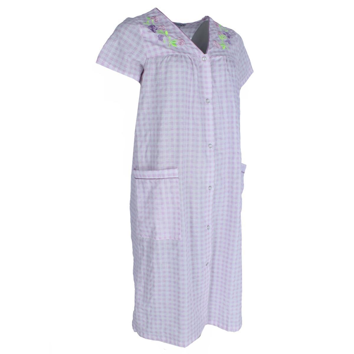 Elegant Emily Women's Gingham Button Down Duster with Floral Detailing - Purple
