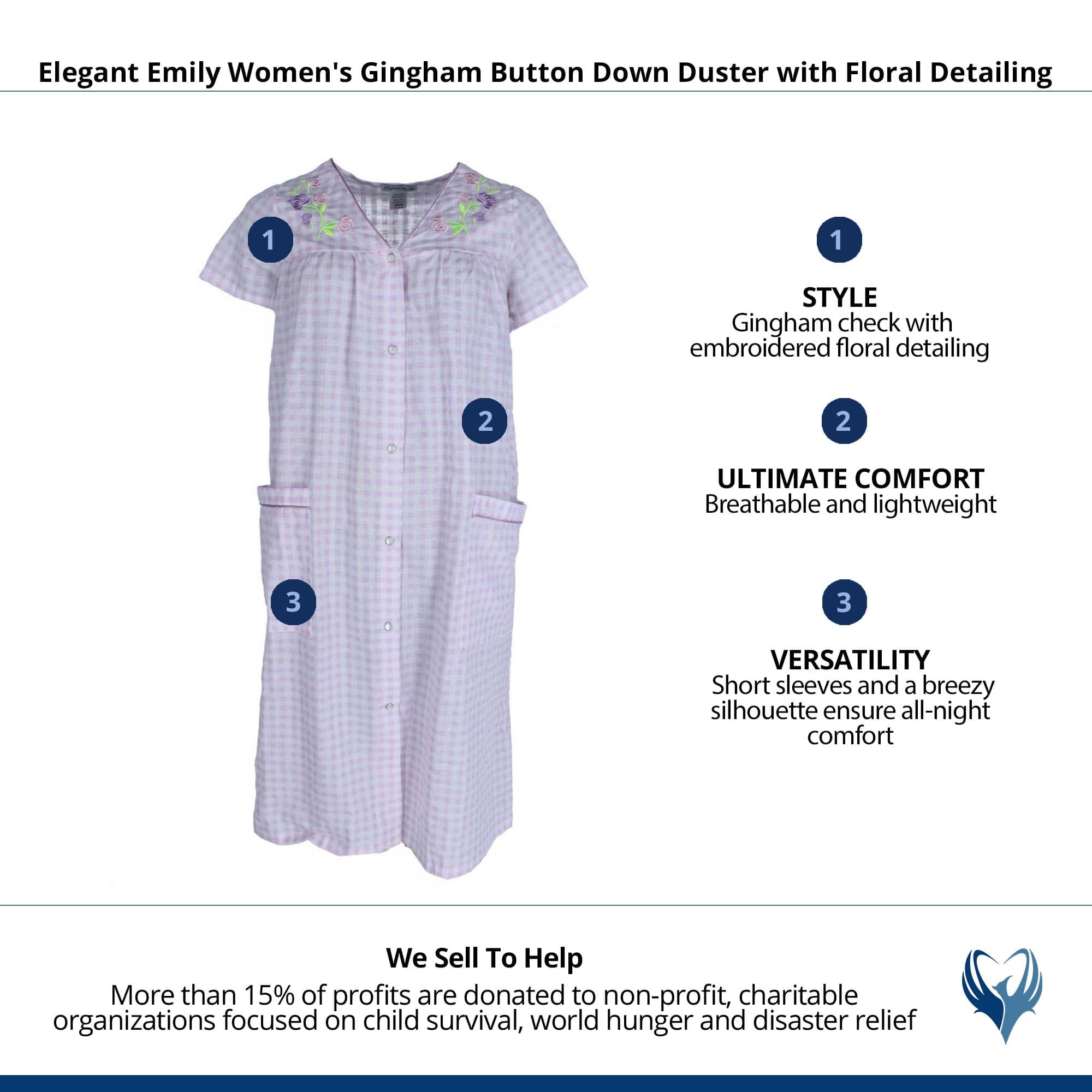 Elegant Emily Women's Gingham Button Down Duster with Floral Detailing - Purple