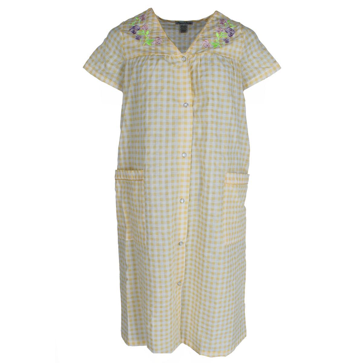 Elegant Emily Women's Gingham Button Down Duster with Floral Detailing - Yellow