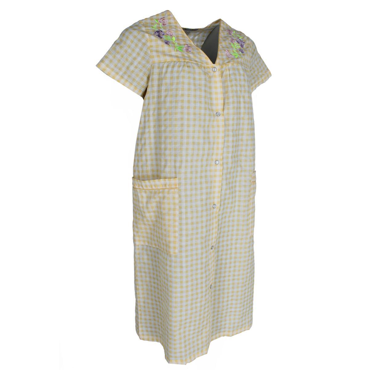 Elegant Emily Women's Gingham Button Down Duster with Floral Detailing - Yellow