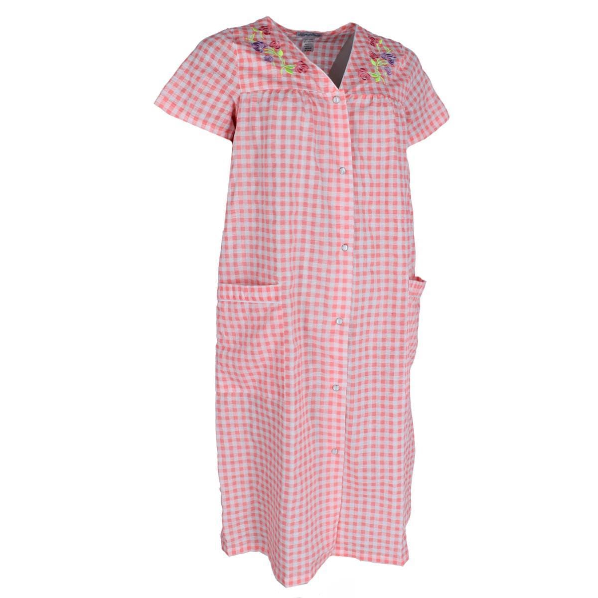 Elegant Emily Women's Gingham Button Down Duster with Floral Detailing - Women's Gingham Button Down Duster with Floral Detailing